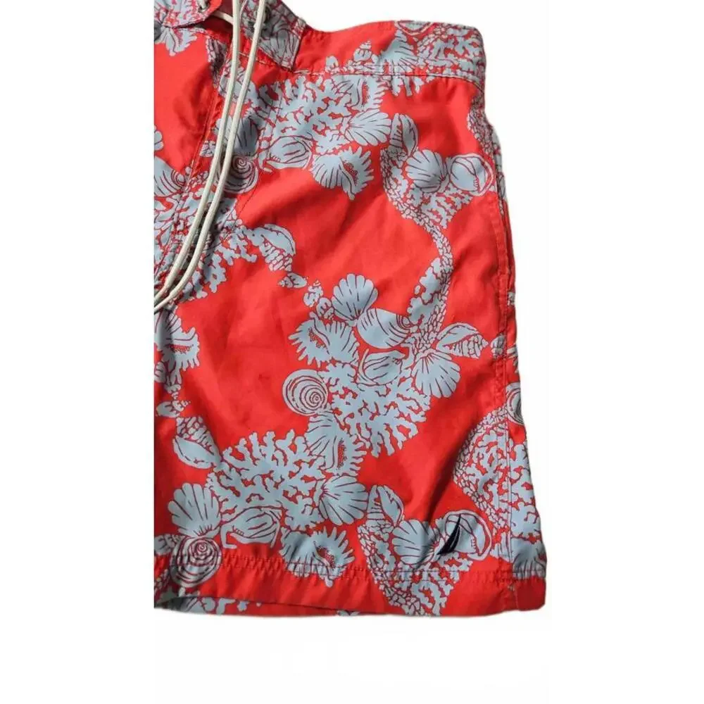 Nautica Men's Floral Tropical Hawaiian Print Swim Trunks Red &‎ Blue Size Medium